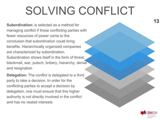 13
SOLVING CONFLICT
Subordination: is selected as a method for
managing conflict if those conflicting parties with
fewer resources of power come to the
conclusion that subordination could bring
benefits. Hierarchically organized companies
are characterized by subordination.
Subordination shows itself in the form of threat,
blackmail, war, putsch, bribery, hierarchy, denial
and resignation
Delegation: The conflict is delegated to a third
party to take a decision. In order for the
conflicting parties to accept a decision by
delegation, one must ensure that this higher
authority is not directly involved in the conflict
and has no vested interests
 