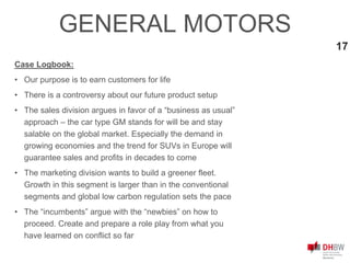 17
Case Logbook:
• Our purpose is to earn customers for life
• There is a controversy about our future product setup
• The sales division argues in favor of a “business as usual”
approach – the car type GM stands for will be and stay
salable on the global market. Especially the demand in
growing economies and the trend for SUVs in Europe will
guarantee sales and profits in decades to come
• The marketing division wants to build a greener fleet.
Growth in this segment is larger than in the conventional
segments and global low carbon regulation sets the pace
• The “incumbents” argue with the “newbies” on how to
proceed. Create and prepare a role play from what you
have learned on conflict so far
GENERAL MOTORS
 