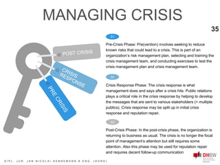 01
Pre-Crisis Phase: Pre(vention) involves seeking to reduce
known risks that could lead to a crisis. This is part of an
organization’s risk management plan, selecting and training the
crisis management team, and conducting exercises to test the
crisis management plan and crisis management team.
02
Crisis Response Phase: The crisis response is what
management does and says after a crisis hits. Public relations
plays a critical role in the crisis response by helping to develop
the messages that are sent to various stakeholders (= multiple
publics). Crisis response may be split up in initial crisis
response and reputation repair.
03
Post-Crisis Phase: In the post-crisis phase, the organization is
returning to business as usual. The crisis is no longer the focal
point of management’s attention but still requires some
attention. Also this phase may be used for reputation repair
and requires decent follow-up communication
35
MANAGING CRISIS
D I P L . J U R . J A N N I C O L A I H E N N E M A N N B . E N G . ( H O N S )
 