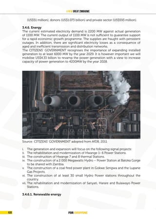 FOR EVERYONE
70
A New Great Zimbabwe
(US$51 million), donors (US$1.073 billion) and private sector (US$593 million).
3.4.6. Energy
The current estimated electricity demand is 2200 MW against actual generation
of 1100 MW. The current output of 1100 MW is not sufficient to guarantee support
for a rapid economic growth programme. The supplies are fraught with persistent
outages. In addition, there are significant electricity losses as a consequence of
aged and inefficient transmission and distribution networks.
The CITIZENS’ GOVERNMENT recognises the importance of expanding installed
generation to at least 6000 MW by the year 2029. It is however important we will
mobilise US$4.33 billion to revamp the power generation with a view to increase
capacity of power generation to 4200MW by the year 2028.
Source: CITIZENS’ GOVERNMENT adopted from AfDB, 2011
i. The generation and expansion will focus on the following signal projects:
ii. The rehabilitation and modernization of Hwange 1- 6 Power Stations.
iii. The construction of Hwange 7 and 8 thermal Stations.
iv. The construction of a 2 000 Megawatts Hydro – Power Station at Batoka Gorge
to be shared with Zambia.
v. The construction of a coal fired power plant in Gokwe Sengwa and the Lupane
Gas Projects.
vi. The construction of at least 30 small Hydro Power stations throughout the
country.
vii. The rehabilitation and modernization of Sanyati, Harare and Bulawayo Power
Stations.
3.4.6.1. Renewable energy
FOR EVERYONE
68
 