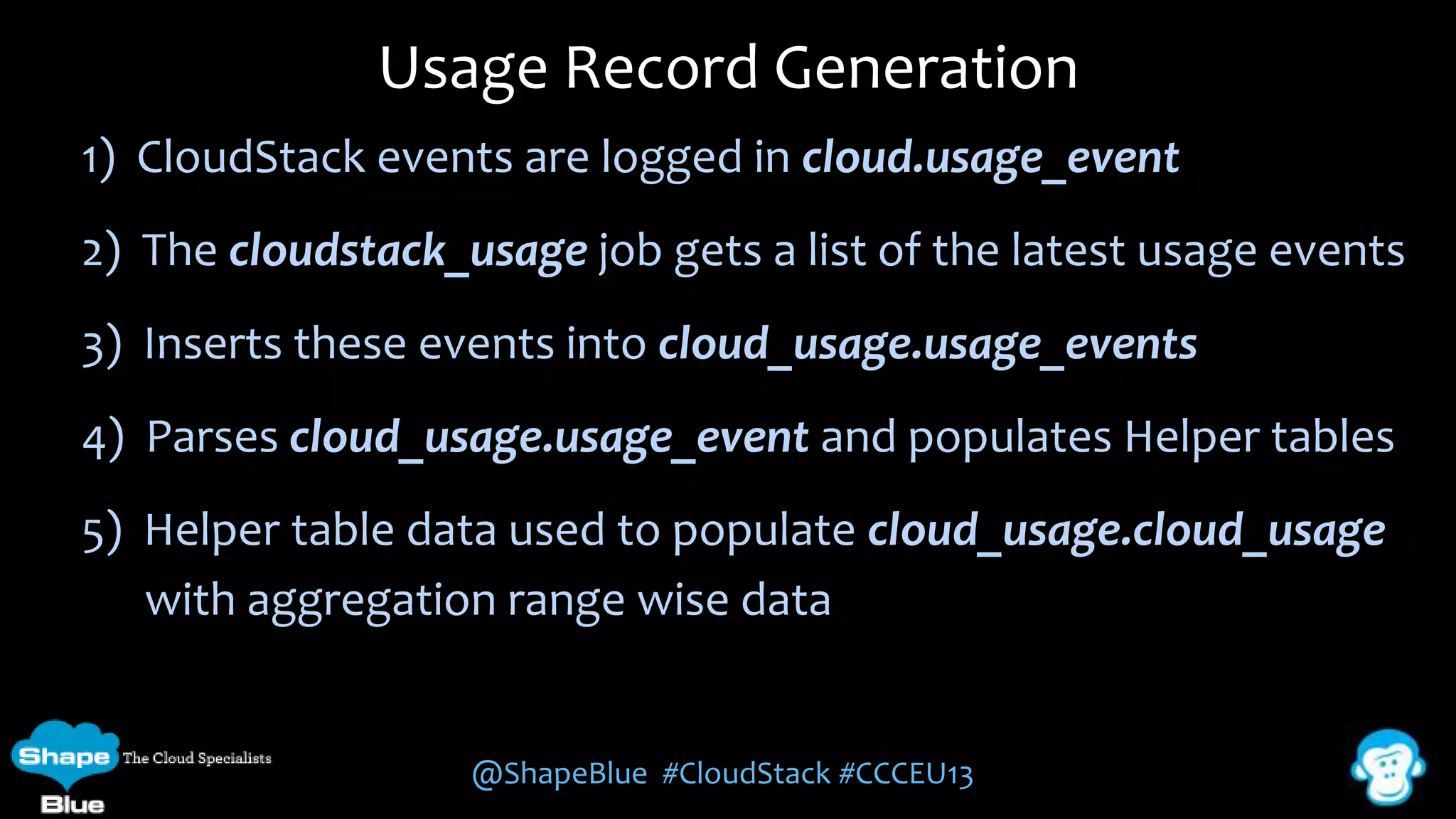 Usage Record Generation
1) CloudStack events are logged in cloud.usage_event

2) The cloudstack_usage job gets a list of the latest usage events
3) Inserts these events into cloud_usage.usage_events

4) Parses cloud_usage.usage_event and populates Helper tables
5) Helper table data used to populate cloud_usage.cloud_usage
with aggregation range wise data

@ShapeBlue #CloudStack #CCCEU13

 