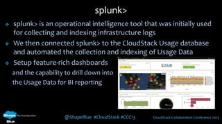 @ShapeBlue #CloudStack #CCC13 CloudStack Collaboration Conference 2013
 splunk> is an operational intelligence tool that was initially used
for collecting and indexing infrastructure logs
 We then connected splunk> to the CloudStack Usage database
and automated the collection and indexing of Usage Data
 Setup feature-rich dashboards
and the capability to drill down into
the Usage Data for BI reporting
splunk>
 
