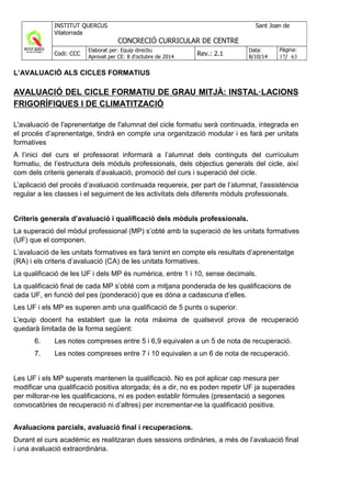 L’AVALUACIÓ ALS CICLES FORMATIUS
AVALUACIÓ DEL CICLE FORMATIU DE GRAU MITJÀ: INSTAL·LACIONS
FRIGORÍFIQUES I DE CLIMATITZACIÓ
L'avaluació de l'aprenentatge de l'alumnat del cicle formatiu serà continuada, integrada en
el procés d’aprenentatge, tindrà en compte una organització modular i es farà per unitats
formatives
A l’inici del curs el professorat informarà a l’alumnat dels continguts del currículum
formatiu, de l’estructura dels mòduls professionals, dels objectius generals del cicle, així
com dels criteris generals d’avaluació, promoció del curs i superació del cicle.
L’aplicació del procés d’avaluació continuada requereix, per part de l’alumnat, l’assistència
regular a les classes i el seguiment de les activitats dels diferents mòduls professionals.
Criteris generals d’avaluació i qualificació dels mòduls professionals.
La superació del mòdul professional (MP) s’obté amb la superació de les unitats formatives
(UF) que el componen.
L’avaluació de les unitats formatives es farà tenint en compte els resultats d’aprenentatge
(RA) i els criteris d’avaluació (CA) de les unitats formatives.
La qualificació de les UF i dels MP és numèrica, entre 1 i 10, sense decimals.
La qualificació final de cada MP s’obté com a mitjana ponderada de les qualificacions de
cada UF, en funció del pes (ponderació) que es dóna a cadascuna d’elles.
Les UF i els MP es superen amb una qualificació de 5 punts o superior.
L’equip docent ha establert que la nota màxima de qualsevol prova de recuperació
quedarà limitada de la forma següent:
6. Les notes compreses entre 5 i 6,9 equivalen a un 5 de nota de recuperació.
7. Les notes compreses entre 7 i 10 equivalen a un 6 de nota de recuperació.
Les UF i els MP superats mantenen la qualificació. No es pot aplicar cap mesura per
modificar una qualificació positiva atorgada; és a dir, no es poden repetir UF ja superades
per millorar-ne les qualificacions, ni es poden establir fórmules (presentació a segones
convocatòries de recuperació ni d’altres) per incrementar-ne la qualificació positiva.
Avaluacions parcials, avaluació final i recuperacions.
Durant el curs acadèmic es realitzaran dues sessions ordinàries, a més de l’avaluació final
i una avaluació extraordinària.
 
