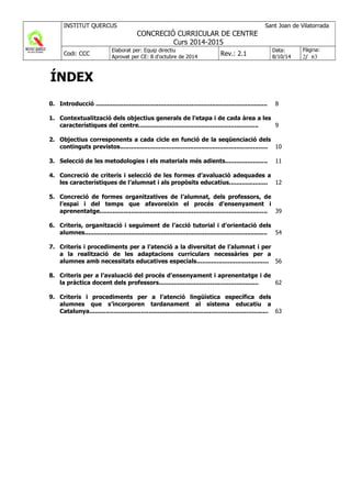 ÍNDEX
0. Introducció .............................................................................................
1. Contextualització dels objectius generals de l’etapa i de cada àrea a les
característiques del centre.................................................................
2. Objectius corresponents a cada cicle en funció de la seqüenciació dels
continguts previstos................................................................................
3. Selecció de les metodologies i els materials més adients.......................
4. Concreció de criteris i selecció de les formes d’avaluació adequades a
les característiques de l’alumnat i als propòsits educatius.....................
5. Concreció de formes organitzatives de l’alumnat, dels professors, de
l’espai i del temps que afavoreixin el procés d’ensenyament i
aprenentatge...........................................................................................
6. Criteris, organització i seguiment de l’acció tutorial i d’orientació dels
alumnes...................................................................................................
7. Criteris i procediments per a l’atenció a la diversitat de l’alumnat i per
a la realització de les adaptacions curriculars necessàries per a
alumnes amb necessitats educatives especials.......................................
8. Criteris per a l’avaluació del procés d’ensenyament i aprenentatge i de
la pràctica docent dels professors......................................................
9. Criteris i procediments per a l’atenció lingüística específica dels
alumnes que s’incorporen tardanament al sistema educatiu a
Catalunya.................................................................................................
8
9
10
11
12
39
54
56
62
63
 