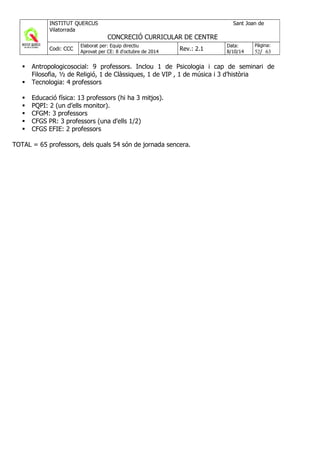 Antropologicosocial: 9 professors. Inclou 1 de Psicologia i cap de seminari de
Filosofia, ½ de Religió, 1 de Clàssiques, 1 de VIP , 1 de música i 3 d’història
Tecnologia: 4 professors
Educació física: 13 professors (hi ha 3 mitjos).
PQPI: 2 (un d’ells monitor).
CFGM: 3 professors
CFGS PR: 3 professors (una d'ells 1/2)
CFGS EFIE: 2 professors
TOTAL = 65 professors, dels quals 54 són de jornada sencera.
 