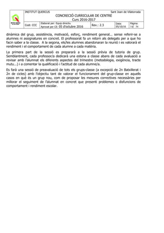 INSTITUT QUERCUS Sant Joan de Vilatorrada
CONCRECIÓ CURRICULAR DE CENTRE
Curs 2016-2017
Codi: CCC
Elaborat per: Equip directiu
Aprovat per CE: 05 d'octubre 2016 Rev.: 2.3
Data:
05/10/16
Pàgina:
14/ 56
dinàmica del grup, assistència, motivació, esforç, rendiment general... sense referir-se a
alumnes ni assignatures en concret. El professorat fa un retorn als delegats per a que ho
facin saber a la classe. A la segona, els/les alumnes abandonaran la reunió i es valorarà el
rendiment i el comportament de cada alumne a cada matèria.
La primera part de la sessió es prepararà a la sessió prèvia de tutoria de grup.
Semblantment, cada professor/a dedicarà una estona a classe abans de cada avaluació a
revisar amb l’alumnat els diferents aspectes del trimestre (metodologia, exigència, tracte
mutu...) i a comentar la qualificació i l'actitud de cada alumne/a.
Es farà una sessió de preavaluació de tots els grups-classe (a excepció de 2n Batxillerat i
2n de cicles) amb l’objectiu tant de valorar el funcionament del grup-classe en aquells
casos en què és un grup nou, com de proposar les mesures correctives necessàries per
millorar el seguiment de l’alumnat en concret que presenti problemes o disfuncions de
comportament i rendiment escolar.
 