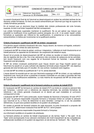 INSTITUT QUERCUS Sant Joan de Vilatorrada
CONCRECIÓ CURRICULAR DE CENTRE
Curs 2016-2017
Codi: CCC
Elaborat per: Equip directiu
Aprovat per CE: 05 d'octubre 2016 Rev.: 2.3
Data:
05/10/16
Pàgina:
19/ 56
La sessió d’avaluació final de tot l’alumnat es desenvoluparà en acabar les activitats lectives de les
darreres unitats formatives. Es farà una sessió extraordinària per l’alumnat que hagi de superar les
unitats formatives pendents.
En el moment que un alumne/a tingui la totalitat dels mòduls professionals del cicle formatiu
superats, té dret a sol·licitar l’expedició del títol corresponent.
Les unitats formatives superades mantenen la qualificació. No es pot aplicar cap mesura que
possibiliti la modificació d’una qualificació positiva atorgada; és a dir, ni es poden repetir unitats
formatives ja superades per millorar-ne les qualificacions, ni presentar-se a les convocatòries
extraordinàries ni d’altres per incrementar-ne la qualificació positiva.
Criteris d'avaluació i qualificació del MP de síntesi i recuperació
A la darrera sessió ordinària d'avaluació del cicle, l'equip docent, de manera col·legiada, avaluarà i
qualificarà el MP de síntesi de cada alumne/a.
L'avaluació del MP de síntesi és global, contínua i integradora, i reflecteix el nivell d'autonomia en el
treball personal i la capacitat de col·laboració i de cooperació del treball en equip.
Durant tot el procés de desenvolupament del MP de síntesi es recullen el màxim d'informacions,
des de registres del dia a dia, fins a les valoracions més concretes de cadascuna de les activitats,
tant durant l'execució com una vegada fet el lliurament formal de l'activitat, i sense oblidar
l'exposició oral del projecte.
El MP de síntesi s’avaluarà positivament quan l'equip docent que l'hagi impartit apreciï que
l'alumne/a ha assolit en un grau suficient els objectius terminals propis d’aquest MP i els objectius
generals del cicle formatiu que s’hi recullen. En cas contrari, l’avaluació serà negativa.
La nota del MP de síntesi es qualificarà de l'1 al 10, sense decimals.
L’equip docent ha acordat què en cas que l’alumne/a suspengui el MP de síntesi, un cop realitzada
l’exposició oral, haurà de tornar a presentar el dossier d’activitats en una data a concretar del mes
de juny amb les modificacions establertes. La nota màxima de recuperació del MP de síntesi serà
de 5 punts.
Criteris d'avaluació i qualificació de la formació pràctica en centres de treball (FCT)
En l’avaluació del MP de formació en centres de treball (FCT) es tindrà en compte la valoració feta
per l’empresa, i prenent com a referència els objectius terminals, les activitats formatives de
referència i els criteris generals d’avaluació en el decret pel qual s’estableix el currículum
corresponent al cicle.
L'avaluació del MP d'FCT serà continuada, durant l'estada de l'alumnat a l'empresa. El tutor d'FCT
del cicle i la persona responsable d’aquesta formació a l’empresa tindran en compte la valoració
que l’alumnat en fa, a l’hora de determinar la seva idoneïtat i corregir-ne, si cal, les possibles
deficiències, la qual cosa quedarà recollida en el quadern de pràctiques.
En acabar el període de formació pràctica de cada alumne/a, la junta d’avaluació a proposta del
tutor/a de FCT, determinarà l’avaluació final del MP de FCT, tenint present:
•L’informe de la persona responsable d’aquesta formació a l’empresa
•La informació recollida en el quadern de pràctiques.
La formació pràctica en centres de treball s’expressarà en els termes “Apte” o “No apte”. Si és
“Apte” anirà acompanyada d’una valoració orientadora del nivell d’assoliment de les competències
professionals recollides en el quadern de seguiment, en els termes de “Suficient”, “Bé, i “Molt Bé”.
 