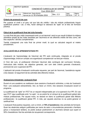 INSTITUT QUERCUS Sant Joan de Vilatorrada
CONCRECIÓ CURRICULAR DE CENTRE
Curs 2016-2017
Codi: CCC
Elaborat per: Equip directiu
Aprovat per CE: 05 d'octubre 2016 Rev.: 2.3
Data:
05/10/16
Pàgina:
30/ 56
Criteris de promoció de curs.
Per superar el nivell o el grau cal que tots els crèdits i tots els mòduls professionals tinguin
qualificació positiva i cal, a més, haver obtingut la valoració de “apte” en el bloc de formació
pràctica.
Càlcul de la qualificació final del cicle formatiu.
La nota final del grau mitjà s’expressarà amb un sol decimal i serà la que resulti d’obtenir la mitjana
aritmètica simple de les notes assolides per l’alumne/a en els diferents crèdits del bloc comú, del
bloc específic i del bloc complementari.
També s’assignarà una nota final de primer nivell, la qual es calcularà seguint el mateix
procediment.
AVALUACIÓ DELS APRENENTATGES PFI
L'avaluació de l'aprenentatge de l'alumnat del PFI serà continuada, integrada en el procés
d’aprenentatge, tindrà en compte una organització competencial i es farà per mòduls.
A l’inici del curs, el professorat informarà l’alumnat dels continguts del currículum formatiu,
l’estructura dels mòduls, els objectius generals, així com dels criteris generals d’avaluació,
promoció de curs i superació del PFI.
L’aplicació del procés d’avaluació continuada requereix, per part de l’alumnat, l’assistència regular
a les classes i el seguiment de les activitats dels diferents mòduls.
Avaluacions trimestrals i avaluació final.
Durant el curs acadèmic es realitzaran dues sessions d’avaluació ordinàries, a més de l’avaluació
final i una avaluació extraordinària. Així, es faran un mínim, tres sessions d’avaluació durant el
programa.
La qualificació de “apte” en l’FCT és un requisit indispensable per a la superació d’un PFI. En cas
que l’FCT sigui qualificada amb “no apte”, no es podrà fer el còmput de la qualificació global dels
mòduls professionals. Per aquest motiu, es deixarà en blanc la qualificació global dels Mòduls
professionals i la qualificació global PFI. A més, per aquests alumnes no es podrà generar el
certificat final.
L’avaluació final positiva requereix, com a mínim, el 70% d’assistència a les activitats de formació.
Quan les absències estiguin justificades per raons de salut o circumstàncies personals o familiars
greus o incorporació tardana, es podrà avaluar positivament un alumne/a sempre que superi el
50% d’assistència i faci les activitats de recuperació corresponents.
 