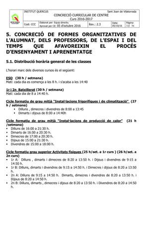 INSTITUT QUERCUS Sant Joan de Vilatorrada
CONCRECIÓ CURRICULAR DE CENTRE
Curs 2016-2017
Codi: CCC
Elaborat per: Equip directiu
Aprovat per CE: 05 d'octubre 2016 Rev.: 2.3
Data:
05/10/16
Pàgina:
33/ 56
5. CONCRECIÓ DE FORMES ORGANITZATIVES DE
L’ALUMNAT, DELS PROFESSORS, DE L’ESPAI I DEL
TEMPS QUE AFAVOREIXIN EL PROCÉS
D’ENSENYAMENT I APRENENTATGE
5.1. Distribució horària general de les classes
L’horari marc dels diversos cursos és el següent:
ESO (30 h / setmana)
Matí: cada dia es comença a les 8 h. i s’acaba a les 14:40
1r i 2n Batxillerat (30 h / setmana)
Matí: cada dia de 8 a 14:40 h.
Cicle formatiu de grau mitjà “Instal·lacions frigorífiques i de climatització” (27
h / setmana)
Dilluns , dimecres i divendres de 8:00 a 13:45
Dimarts i dijous de 8:00 a 14:40h
Cicle formatiu de grau mitjà “Instal·lacions de producció de calor” (21 h
/setmana)
Dilluns de 16:00 a 21:30 h.
Dimarts de 16:00 a 20:30 h.
Dimecres de 17:00 a 20:30 h.
Dijous de 15:00 a 21:30 h.
Divendres de 15:00 a 18:00 h.
Cicle formatiu grau superior Activitats físiques (25 h/set. a 1r curs ) (26 h/set. a
2n curs)
1r A: Dilluns , dimarts i dimecres de 8:20 a 13:50 h. i Dijous i divendres de 9:15 a
14:50 h.
1r B: Dilluns, dimarts i divendres de 9:15 a 14:50 h. i Dimecres i dijous de 8:20 a 13:50
h.
2n A: Dilluns de 9:15 a 14:50 h. Dimarts, dimecres i divendres de 8:20 a 13:50 h. i
Dijous de 8:20 a 14:50 h.
2n B: Dilluns, dimarts , dimecres i dijous de 8:20 a 13:50 h. i Divendres de 8:20 a 14:50
h.
 
