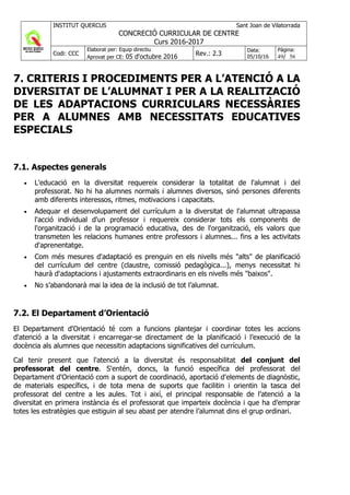 INSTITUT QUERCUS Sant Joan de Vilatorrada
CONCRECIÓ CURRICULAR DE CENTRE
Curs 2016-2017
Codi: CCC
Elaborat per: Equip directiu
Aprovat per CE: 05 d'octubre 2016 Rev.: 2.3
Data:
05/10/16
Pàgina:
49/ 56
7. CRITERIS I PROCEDIMENTS PER A L’ATENCIÓ A LA
DIVERSITAT DE L’ALUMNAT I PER A LA REALITZACIÓ
DE LES ADAPTACIONS CURRICULARS NECESSÀRIES
PER A ALUMNES AMB NECESSITATS EDUCATIVES
ESPECIALS
7.1. Aspectes generals
• L'educació en la diversitat requereix considerar la totalitat de l'alumnat i del
professorat. No hi ha alumnes normals i alumnes diversos, sinó persones diferents
amb diferents interessos, ritmes, motivacions i capacitats.
• Adequar el desenvolupament del currículum a la diversitat de l'alumnat ultrapassa
l'acció individual d'un professor i requereix considerar tots els components de
l'organització i de la programació educativa, des de l'organització, els valors que
transmeten les relacions humanes entre professors i alumnes... fins a les activitats
d'aprenentatge.
• Com més mesures d'adaptació es prenguin en els nivells més "alts" de planificació
del currículum del centre (claustre, comissió pedagògica...), menys necessitat hi
haurà d'adaptacions i ajustaments extraordinaris en els nivells més "baixos".
• No s’abandonarà mai la idea de la inclusió de tot l’alumnat.
7.2. El Departament d’Orientació
El Departament d'Orientació té com a funcions plantejar i coordinar totes les accions
d'atenció a la diversitat i encarregar-se directament de la planificació i l’execució de la
docència als alumnes que necessitin adaptacions significatives del currículum.
Cal tenir present que l'atenció a la diversitat és responsabilitat del conjunt del
professorat del centre. S'entén, doncs, la funció específica del professorat del
Departament d'Orientació com a suport de coordinació, aportació d'elements de diagnòstic,
de materials específics, i de tota mena de suports que facilitin i orientin la tasca del
professorat del centre a les aules. Tot i així, el principal responsable de l’atenció a la
diversitat en primera instància és el professorat que imparteix docència i que ha d’emprar
totes les estratègies que estiguin al seu abast per atendre l’alumnat dins el grup ordinari.
 
