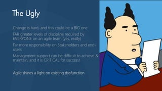 Change is hard, and this could be a BIG one
FAR greater levels of discipline required by
EVERYONE on an agile team (yes, really)
Far more responsibility on Stakeholders and end-
users
Management support can be difficult to achieve &
maintain, and it is CRITICAL for success!
Agile shines a light on existing dysfunction
 