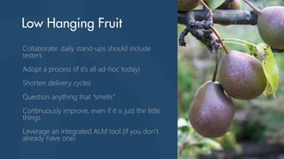 Collaborate: daily stand-ups should include
testers
Adopt a process (if it’s all ad-hoc today)
Shorten delivery cycles
Question anything that “smells”
Continuously improve, even if it is just the little
things
Leverage an integrated ALM tool (if you don’t
already have one)
 