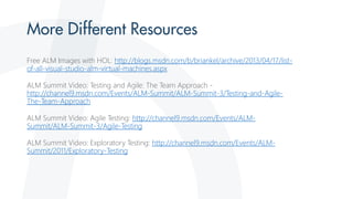 Free ALM Images with HOL: http://blogs.msdn.com/b/briankel/archive/2013/04/17/list-
of-all-visual-studio-alm-virtual-machines.aspx
ALM Summit Video: Testing and Agile: The Team Approach -
http://channel9.msdn.com/Events/ALM-Summit/ALM-Summit-3/Testing-and-Agile-
The-Team-Approach
ALM Summit Video: Agile Testing: http://channel9.msdn.com/Events/ALM-
Summit/ALM-Summit-3/Agile-Testing
ALM Summit Video: Exploratory Testing: http://channel9.msdn.com/Events/ALM-
Summit/2011/Exploratory-Testing
 
