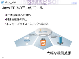 #ccc_ab4
Java EE 7の三つのゴール
§ HTML5環境への対応
§ 開発⽣生産性の向上
§ エンタープライズ・ニーズへの対応
24
⼤大幅な機能拡張
 