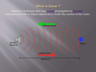 Sonar is a technique that uses sound propagation to navigate,
communicate with or detect objects on or under the surface of the water.
 