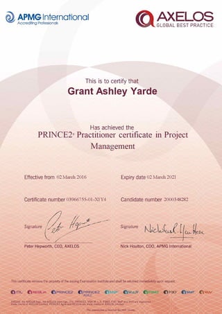 PRINCE2 Certificate Grant Yarde 2016