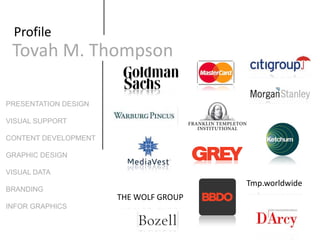 Tovah M. Thompson
Profile
THE WOLF GROUP
Tmp.worldwide
PRESENTATION DESIGN
VISUAL SUPPORT
CONTENT DEVELOPMENT
GRAPHIC DESIGN
VISUAL DATA
BRANDING
INFOR GRAPHICS
 