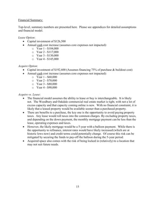 15
Financial Summary:
Top-level, summary numbers are presented here. Please see appendices for detailed assumptions
and financial model.
Lease Option:
 Capital investment of $126,500
 Annual cash cost increase (assumes core expenses not impacted):
o Year 1 - $104,000
o Year 2 - $117,000
o Year 3 - $130,000
o Year 4 - $145,000
Acquire Option:
 Capital investment of $192,600 (Assumes financing 75% of purchase & buildout cost)
 Annual cash cost increase (assumes core expenses not impacted):
o Year 1 - $60,000
o Year 2 - $70,000
o Year 3 - $80,000
o Year 4 - $90,000
Acquire vs. Lease:
 The financial model assumes the ability to lease or buy is interchangeable. It is likely
not. The Woodbury and Oakdale commercial real estate market is tight, with not a lot of
excess capacity and that capacity coming online is new. With no financial constraint, it is
likely that a leased property would be available sooner than a purchased property.
 There are benefits to a purchase, the key one is the opportunity to avoid paying property
taxes. Any lease would roll taxes into the common charges. By excluding property taxes,
and depending on the down payment, the monthly mortgage payment can be less than the
lease, operating expenses and taxes.
 However, the likely mortgage would be a 5-year with a balloon payment. While there is
the opportunity to refinance, interest rates would have likely increased (which are at
historic lows now) and credit terms could potentially change. Of course this risk can be
mitigated by securing the funds to pay-off the balloon during the 5-year period.
 Acquired space also comes with the risk of being locked in (relatively) to a location that
may not suit future needs.
 