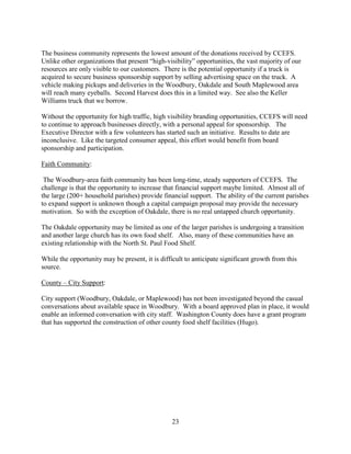 23
The business community represents the lowest amount of the donations received by CCEFS.
Unlike other organizations that present “high-visibility” opportunities, the vast majority of our
resources are only visible to our customers. There is the potential opportunity if a truck is
acquired to secure business sponsorship support by selling advertising space on the truck. A
vehicle making pickups and deliveries in the Woodbury, Oakdale and South Maplewood area
will reach many eyeballs. Second Harvest does this in a limited way. See also the Keller
Williams truck that we borrow.
Without the opportunity for high traffic, high visibility branding opportunities, CCEFS will need
to continue to approach businesses directly, with a personal appeal for sponsorship. The
Executive Director with a few volunteers has started such an initiative. Results to date are
inconclusive. Like the targeted consumer appeal, this effort would benefit from board
sponsorship and participation.
Faith Community:
The Woodbury-area faith community has been long-time, steady supporters of CCEFS. The
challenge is that the opportunity to increase that financial support maybe limited. Almost all of
the large (200+ household parishes) provide financial support. The ability of the current parishes
to expand support is unknown though a capital campaign proposal may provide the necessary
motivation. So with the exception of Oakdale, there is no real untapped church opportunity.
The Oakdale opportunity may be limited as one of the larger parishes is undergoing a transition
and another large church has its own food shelf. Also, many of these communities have an
existing relationship with the North St. Paul Food Shelf.
While the opportunity may be present, it is difficult to anticipate significant growth from this
source.
County – City Support:
City support (Woodbury, Oakdale, or Maplewood) has not been investigated beyond the casual
conversations about available space in Woodbury. With a board approved plan in place, it would
enable an informed conversation with city staff. Washington County does have a grant program
that has supported the construction of other county food shelf facilities (Hugo).
 