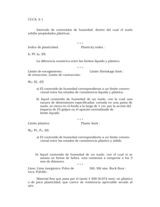 CCCA: S 1 
Intervalo de contenidos de humedad, dentro del cual el suelo 
exhibe propiedades plásticas. 
* * * 
Indice de plasticidad: Plasticity index : 
IP; PI; IW; (D) 
La diferencia numérica entre los límites líquido y plástico. 
* * * 
Límite de encogimiento; Límíte Shrínkage límít : 
de retracción; Límite de contracción: 
WS; SL; (D) 
a) El contenido de humedad correspondiente a un límite conven-cíonal 
entre los estados de consistencia líquida y plástica. 
b) Aquel contenido de humedad de un suelo, con la cual una 
ranura de dimensiones especificadas, cortada en una pasta de 
suelo, se cierra en el fondo a lo largo de 1 cm, por la acción del 
impacto de 25 golpes en el aparato normalizado de 
límite líquido. 
* * * 
Límite plástico: Plastíc límít : 
Wp; PL; Pw; (D) 
a) El contenido de humedad correspondiente a un límite conven-cíonal 
entre los estados de consistencia plástico y sólido. 
b) Aquel contenido de humedad de un suelo, con el cual si se 
amasa en forma de hebra, esta comienza a romperse a los 3 
mm de diámetro. 
* * * 
Limo; Limo inorgánico; Polvo de Silt; Silt size; Rock flour : 
roca; Polvillo : 
Material fino que pasa por el tamiz # 200 (0,074 mm), no plástico 
o de poca plasticidad, que carece de resistencia apreciable secado al 
aire. 
 