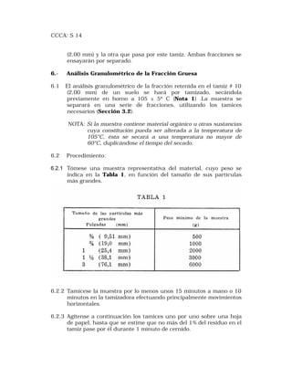 CCCA: S 14 
(2,00 mm) y la otra que pasa por este tamiz. Ambas fracciones se 
ensayarán por separado. 
6.- Análisis Granulométrico de la Fracción Gruesa 
6.1 El análisis granulométrico de la fracción retenida en el tamiz # 10 
(2,00 mm) de un suelo se hará por tamizado, secándola 
previamente en horno a 105 ± 5º C (Nota 1) .La muestra se 
separará en una serie de fracciones, utilizando los tamices 
necesarios (Sección 3.2). 
NOTA: Si la muestra contiene material orgánico u otras sustancias 
cuya constitución pueda ser alterada a la temperatura de 
105°C, ésta se secará a una temperatura no mayor de 
60°C, duplicándose el tiempo del secado. 
6.2 Procedimiento: 
6.2.1 Tómese una muestra representativa del material, cuyo peso se 
indica en la Tabla 1, en función del tamaño de sus partículas 
más grandes. 
6.2.2 Tamícese la muestra por lo menos unos 15 minutos a mano o 10 
minutos en la tamizadora efectuando principalmente movimientos 
horizontales. 
6.2.3 Agítense a continuación los tamices uno por uno sobre una hoja 
de papel, hasta que se estime que no más del 1% del residuo en el 
tamiz pase por él durante 1 minuto de cernido. 
 