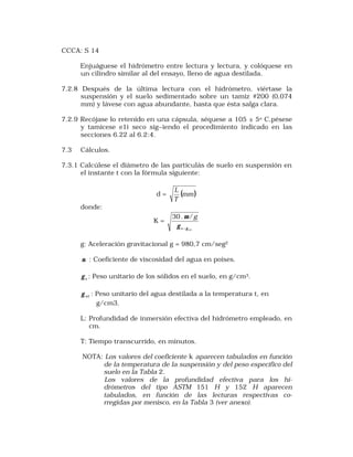 CCCA: S 14 
Enjuáguese el hidrómetro entre lectura y lectura, y colóquese en 
un cilindro similar al del ensayo, lleno de agua destilada. 
7.2.8 Después de la última lectura con el hidrómetro, viértase la 
suspensión y el suelo sedimentado sobre un tamiz #200 (0,074 
mm) y lávese con agua abundante, hasta que ésta salga clara. 
7.2.9 Recójase lo retenido en una cápsula, séquese a 105 ± 5o C,pésese 
y tamícese e1i seco sig~iendo el procedimiento indicado en las 
secciones 6.22 al 6.2:4. 
7.3 Cálculos. 
7.3.1 Calcúlese el diámetro de las partículás de suelo en suspensión en 
el instante t con la fórmula siguiente: 
L 
d = (mm) 
T 
donde: 
K = 
m 
30. / 
s wt 
g 
g 
- 
g g: Aceleración gravitacional g = 980,7 cm/seg2 
m : Coeficiente de viscosidad del agua en poises. 
s g : Peso unitario de los sólidos en el suelo, en g/cm3. 
wt g : Peso unitario del agua destilada a la temperatura t, en 
g/cm3. 
L: Profundidad de inmersión efectiva del hidrómetro empleado, en 
cm. 
T: Tiempo transcurrido, en minutos. 
NOTA: Los valores del coeficiente k aparecen tabulados en función 
de la temperatura de la suspensión y del peso específico del 
suelo en la Tabla 2. 
Los valores de la profundidad efectiva para los hí-drómetros 
del tipo ASTM 151 H y 152 H aparecen 
tabulados, en función de las lecturas respectivas co-rregidas 
por menisco, en la Tabla 3 (ver anexo). 
 