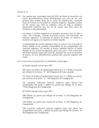 CCCA: S 17 
4.6 Los suelos que contengan más del 50% de finos de acuerdo a la 
curva granulométrica serán identificados con uno de los seis 
grupos para suelos finos de la carta de clasificación, teniendo 
muy en cuenta el contenido de materia orgánica. Aquellos suelos 
de WL menor que 50% se califican como de baja a mediana 
plasticidad mientras que los de WI mayor que 50% como de 
mediana a alta plasticidad. 
Los limos y arcillas orgánicas se pueden reconocer por su olor y 
color. Sin embargo, cuando hay duda acerca del contenido de 
materia orgánica, el material se secará al horno, se volverá a 
mezclar con agua y se repetirá su límite líquido. 
La plasticidad de suelos orgánicos finos se reduce con el secado al 
horno debido a los cambios irreversibles de las propiedades del 
material orgánico. El secado al horno también afecta el límite 
líquido de los suelos inorgánicos, pero muy poco. Una reducción 
del límite líquido mayor que 0,25 WL después de; secar la muestra 
al horno, es una identificación positiva del carácter orgánico del 
suelo. 
4 6.1 Los suelos de grano fino se subdividen como sigue : 
a) Límite Líquido menor que 50% 
ML: tiene un Indice de plasticidad menor que 4, o define un punto 
por debajo de la línea " A " del Diagrama de Casa- grande. 
CL: tiene un Indice de plasticidad mayor que 7, y define un punto 
por encima de la línea " A " del Diagrama de Casagrande. 
OL: contiene suficiente materia orgánica para afectar las 
propiedades del suelo y define un punto por debajo de la línea 
"A"del Diagrama de Casagrande. 
b) Límite Líquido mayor que 50% 
MB: Define un punto por debajo de la línea "A" del Diagrama de 
Casagrande. 
CB: Define un punto por encima de la línea "A" del Diagrama de 
Casagrande. 
OB: Contiene suficiente materia orgánica para que afecte las 
propiedades del suelo, y define un punto por debajo de la línea "A" 
del Diagrama de Casagrande. 
 