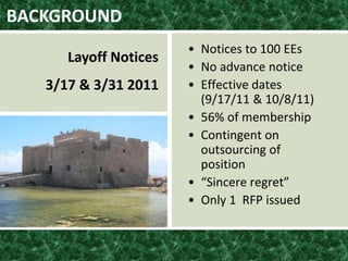 BACKGROUND
• Notices to 100 EEs
• No advance notice
• Effective dates
(9/17/11 & 10/8/11)
• 56% of membership
• Contingent on
outsourcing of
position
• “Sincere regret”
• Only 1 RFP issued
Layoff Notices
3/17 & 3/31 2011
 