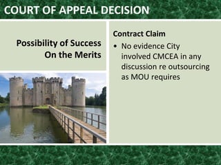 Contract Claim
• No evidence City
involved CMCEA in any
discussion re outsourcing
as MOU requires
COURT OF APPEAL DECISION
Possibility of Success
On the Merits
 