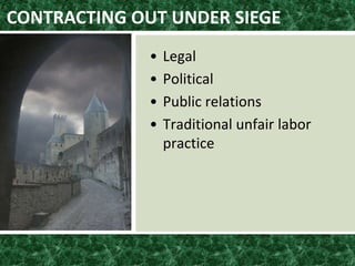 CONTRACTING OUT UNDER SIEGE
• Legal
• Political
• Public relations
• Traditional unfair labor
practice
 