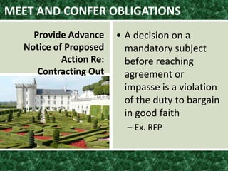 MEET AND CONFER OBLIGATIONS
• A decision on a
mandatory subject
before reaching
agreement or
impasse is a violation
of the duty to bargain
in good faith
– Ex. RFP
Provide Advance
Notice of Proposed
Action Re:
Contracting Out
 