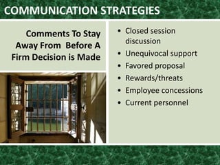 COMMUNICATION STRATEGIES
• Closed session
discussion
• Unequivocal support
• Favored proposal
• Rewards/threats
• Employee concessions
• Current personnel
Comments To Stay
Away From Before A
Firm Decision is Made
 