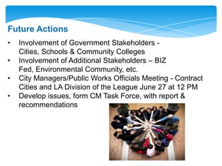 Future Actions
• Involvement of Government Stakeholders -
Cities, Schools & Community Colleges
• Involvement of Additional Stakeholders – BIZ
Fed, Environmental Community, etc.
• City Managers/Public Works Officials Meeting - Contract
Cities and LA Division of the League June 27 at 12 PM
• Develop issues, form CM Task Force, with report &
recommendations
 
