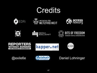 USA: FCC Tom Wheeler
• neue Regeln vorgestellt
• bezahlte Überholspur
• massiver Protest:
• #occupyFCC
• +50.000 Kommentare
• Silicon Valley Firmen
46
 