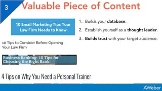 Valuable Piece of Content
1. Builds your database.
2. Establish yourself as a thought leader.
3. Builds trust with your ta...