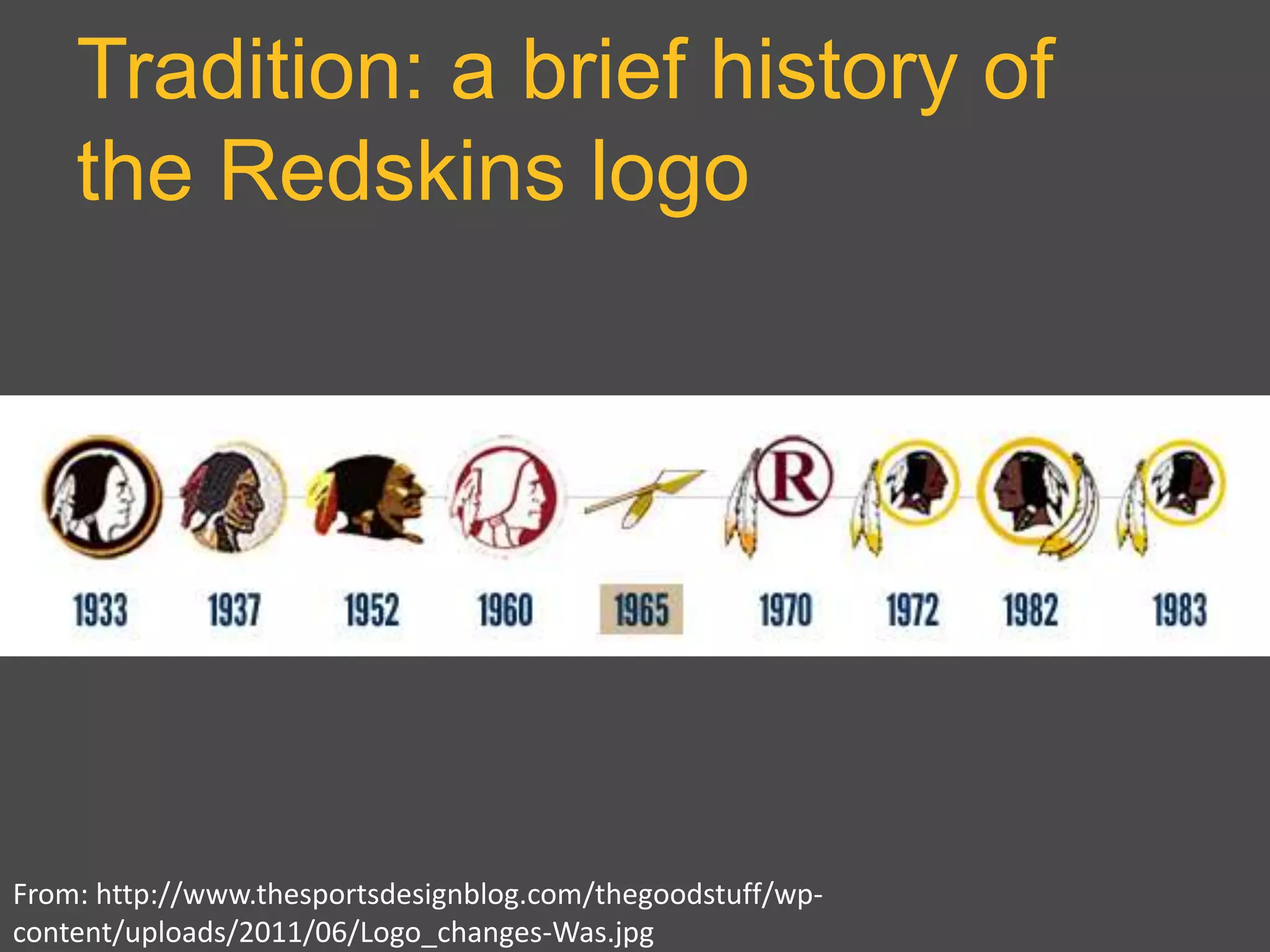 Tradition: a brief history of
the Redskins logo
From: http://www.thesportsdesignblog.com/thegoodstuff/wp-
content/uploads/2011/06/Logo_changes-Was.jpg
 