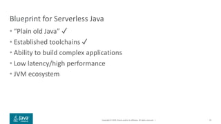 Copyright © 2019, Oracle and/or its affiliates. All rights reserved. |
Blueprint for Serverless Java
• “Plain old Java” ✓
• Established toolchains ✓
• Ability to build complex applications
• Low latency/high performance
• JVM ecosystem
31
 