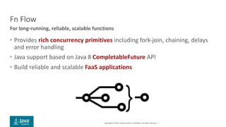 Copyright © 2019, Oracle and/or its affiliates. All rights reserved. |
Fn Flow
• Provides rich concurrency primitives including fork-join, chaining, delays
and error handling
• Java support based on Java 8 CompletableFuture API
• Build reliable and scalable FaaS applications
For long-running, reliable, scalable functions
 