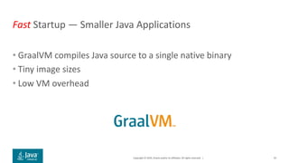 Copyright © 2019, Oracle and/or its affiliates. All rights reserved. |
Fast Startup — Smaller Java Applications
• GraalVM compiles Java source to a single native binary
• Tiny image sizes
• Low VM overhead
45
 