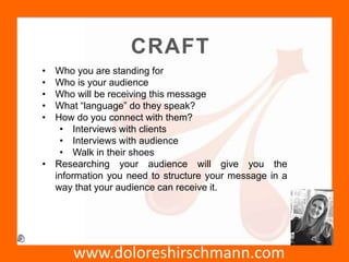 www.doloreshirschmann.com
CRAFT
• Who you are standing for
• Who is your audience
• Who will be receiving this message
• What “language” do they speak?
• How do you connect with them?
• Interviews with clients
• Interviews with audience
• Walk in their shoes
• Researching your audience will give you the
information you need to structure your message in a
way that your audience can receive it.
 