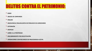 DELITOS CONTRA EL PATRIMONIO:
• ROBO
• ABUSO DE CONFIANZA
• FRAUDE
• INSOLVENCIA FRAUDULENTA EN PERJUICIO DE ACREEDORES
• EXTORSIÓN
• DESPOJO
• DAÑO A LA PROPIEDAD
• ENCUBRIMIENTO POR RECEPTACIÓN
• OPERACIONES CON RECURSOS DE PROCEDENCIA ILÍCITA.
 