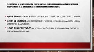CLASIFICACIÓN DE LA INTERPRETACIÓN: EXISTEN DIVERSOS CRITERIOS DE CLASIFICACIÓN RESPECTO DE LA
INTERPRETACIÓN DE LA LEY, LOS CUALES SE RESUMEN DE LA MANERA SIGUIENTE:
• A) POR SU ORIGEN: LA INTERPRETACIÓN PUEDE SER DOCTRINAL, AUTÉNTICA O JUDICIAL.
• B) POR EL MÉTODO: LA INTERPRETACIÓN PUEDE SER HISTÓRICA, GRAMATICAL, LÓGICA,
SISTEMÁTICA O ANALÓGICA.
• C) POR SUS RESULTADOS: LA INTERPRETACIÓN PUEDE SER DECLARATIVA, EXTENSIVA,
RESTRICTIVA O PROGRESIVA.
 