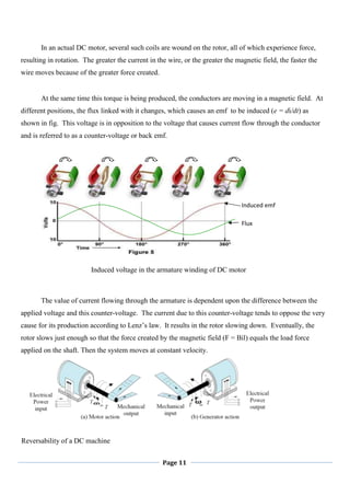 Page 11
In an actual DC motor, several such coils are wound on the rotor, all of which experience force,
resulting in rotation. The greater the current in the wire, or the greater the magnetic field, the faster the
wire moves because of the greater force created.
At the same time this torque is being produced, the conductors are moving in a magnetic field. At
different positions, the flux linked with it changes, which causes an emf to be induced (e = di/dt) as
shown in fig. This voltage is in opposition to the voltage that causes current flow through the conductor
and is referred to as a counter-voltage or back emf.
Induced voltage in the armature winding of DC motor
The value of current flowing through the armature is dependent upon the difference between the
applied voltage and this counter-voltage. The current due to this counter-voltage tends to oppose the very
cause for its production according to Lenz‘s law. It results in the rotor slowing down. Eventually, the
rotor slows just enough so that the force created by the magnetic field (F = Bil) equals the load force
applied on the shaft. Then the system moves at constant velocity.
Reversability of a DC machine
Induced emf
Flux
 