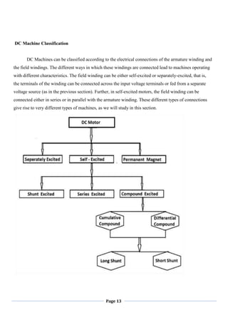 Page 13
DC Machine Classification
DC Machines can be classified according to the electrical connections of the armature winding and
the field windings. The different ways in which these windings are connected lead to machines operating
with different characteristics. The field winding can be either self-excited or separately-excited, that is,
the terminals of the winding can be connected across the input voltage terminals or fed from a separate
voltage source (as in the previous section). Further, in self-excited motors, the field winding can be
connected either in series or in parallel with the armature winding. These different types of connections
give rise to very different types of machines, as we will study in this section.
 