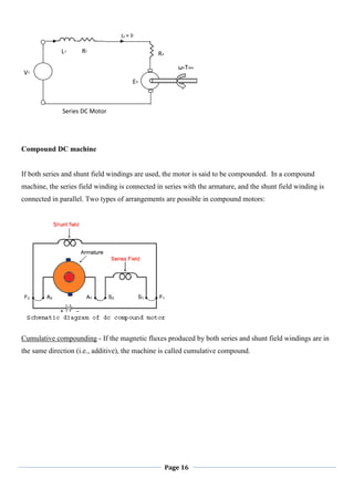 Page 16
Compound DC machine
If both series and shunt field windings are used, the motor is said to be compounded. In a compound
machine, the series field winding is connected in series with the armature, and the shunt field winding is
connected in parallel. Two types of arrangements are possible in compound motors:
Cumulative compounding - If the magnetic fluxes produced by both series and shunt field windings are in
the same direction (i.e., additive), the machine is called cumulative compound.
Series DC Motor
Eb
Ra
Ia
Lf
= If
Rf
ωmTdev
VT
 