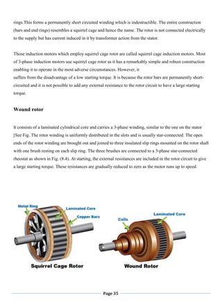 Page 35
rings.This forms a permanently short circuited winding which is indestructible. The entire construction
(bars and end rings) resembles a squirrel cage and hence the name. The rotor is not connected electrically
to the supply but has current induced in it by transformer action from the stator.
Those induction motors which employ squirrel cage rotor are called squirrel cage induction motors. Most
of 3-phase induction motors use squirrel cage rotor as it has a remarkably simple and robust construction
enabling it to operate in the most adverse circumstances. However, it
suffers from the disadvantage of a low starting torque. It is because the rotor bars are permanently short-
circuited and it is not possible to add any external resistance to the rotor circuit to have a large starting
torque.
Wound rotor
It consists of a laminated cylindrical core and carries a 3-phase winding, similar to the one on the stator
[See Fig. The rotor winding is uniformly distributed in the slots and is usually star-connected. The open
ends of the rotor winding are brought out and joined to three insulated slip rings mounted on the rotor shaft
with one brush resting on each slip ring. The three brushes are connected to a 3-phase star-connected
rheostat as shown in Fig. (8.4). At starting, the external resistances are included in the rotor circuit to give
a large starting torque. These resistances are gradually reduced to zero as the motor runs up to speed.
 
