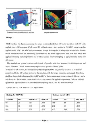Page 55
Ratings
AIST Standard No. 1 provides ratings for series, compound and shunt DC motor excitation with 230 volts
applied from a DC generator. While many DC mill-duty motors were applied at 230 VDC, many were also
applied at 460 VDC, 500 VDC and various other ratings. At this point, it is important to remember that the
motor nameplate does not necessarily correspond to the motor application. The user must know the
application rating, including the rms and overload values, before attempting to apply the same frame size
AC motor.
The standard and general practice used the unit of pounds, with force assumed, in defining torque and
inertia. Note that Table 8 uses the more explicit term ―pounds of force‖ (lbf).
In the case of DC motors, the horsepower (HP) and speed (RPM) are generally assumed to be directly
proportional to the DC voltage applied to the armature, with the torque remaining unchanged. Therefore,
doubling the applied voltage doubles the HP and RPM for the same rated torque. Although this may not be
strictly correct due to motor characteristics, it is close enough for application purposes. Only the variable
speed shunt applications will be considered in comparing the DC and AC mill-duty motors
Ratings for 230 VDC and 500 VDC Applications
Ratings for 500 VDC Ratings for 230 VDC
Frame no HP Base RPM Top RPM Torque HP Base RPM
804 20 725 1,850 188 40 1,440
806 30 650 1,950 242 65 1,413
808 50 575 1,725 457 109 1,250
 