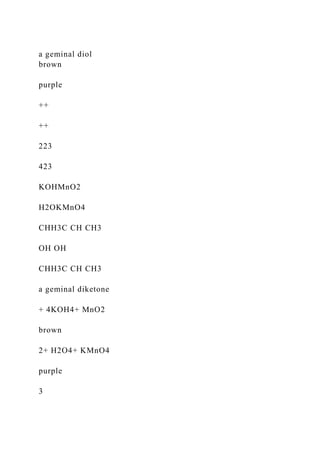 a geminal diol
brown
purple
++
++
223
423
KOHMnO2
H2OKMnO4
CHH3C CH CH3
OH OH
CHH3C CH CH3
a geminal diketone
+ 4KOH4+ MnO2
brown
2+ H2O4+ KMnO4
purple
3
 