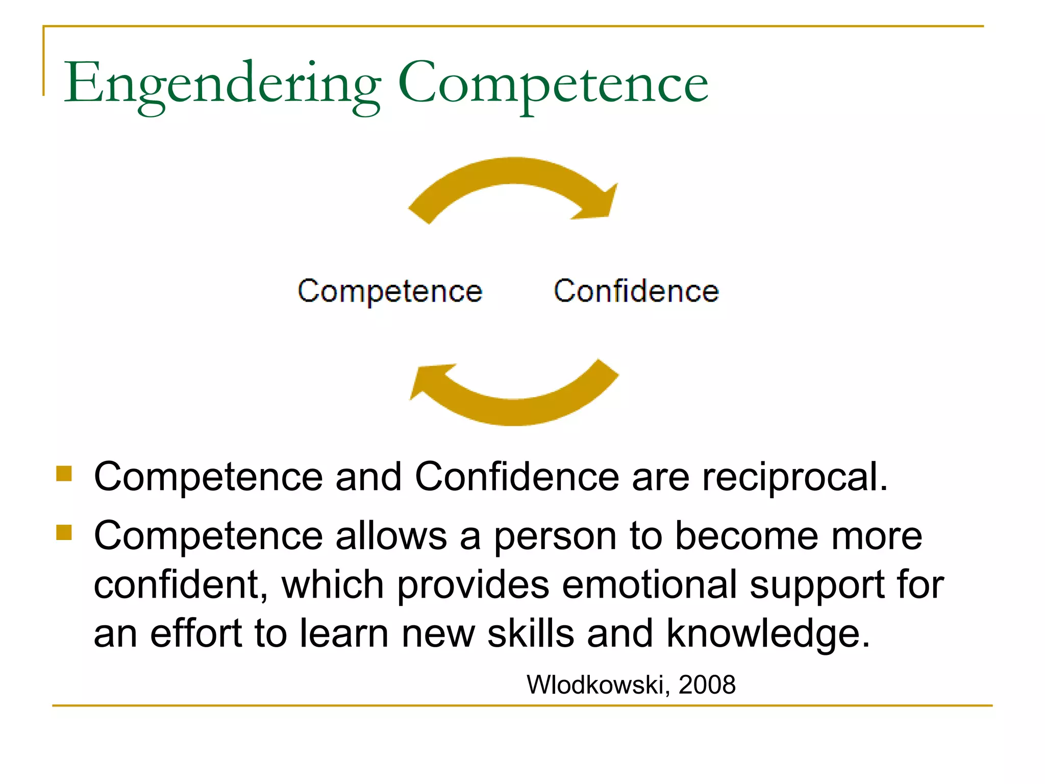 Engendering Competence  Competence and Confidence are reciprocal.  Competence allows a person to become more confident, which provides emotional support for an effort to learn new skills and knowledge. Wlodkowski, 2008 