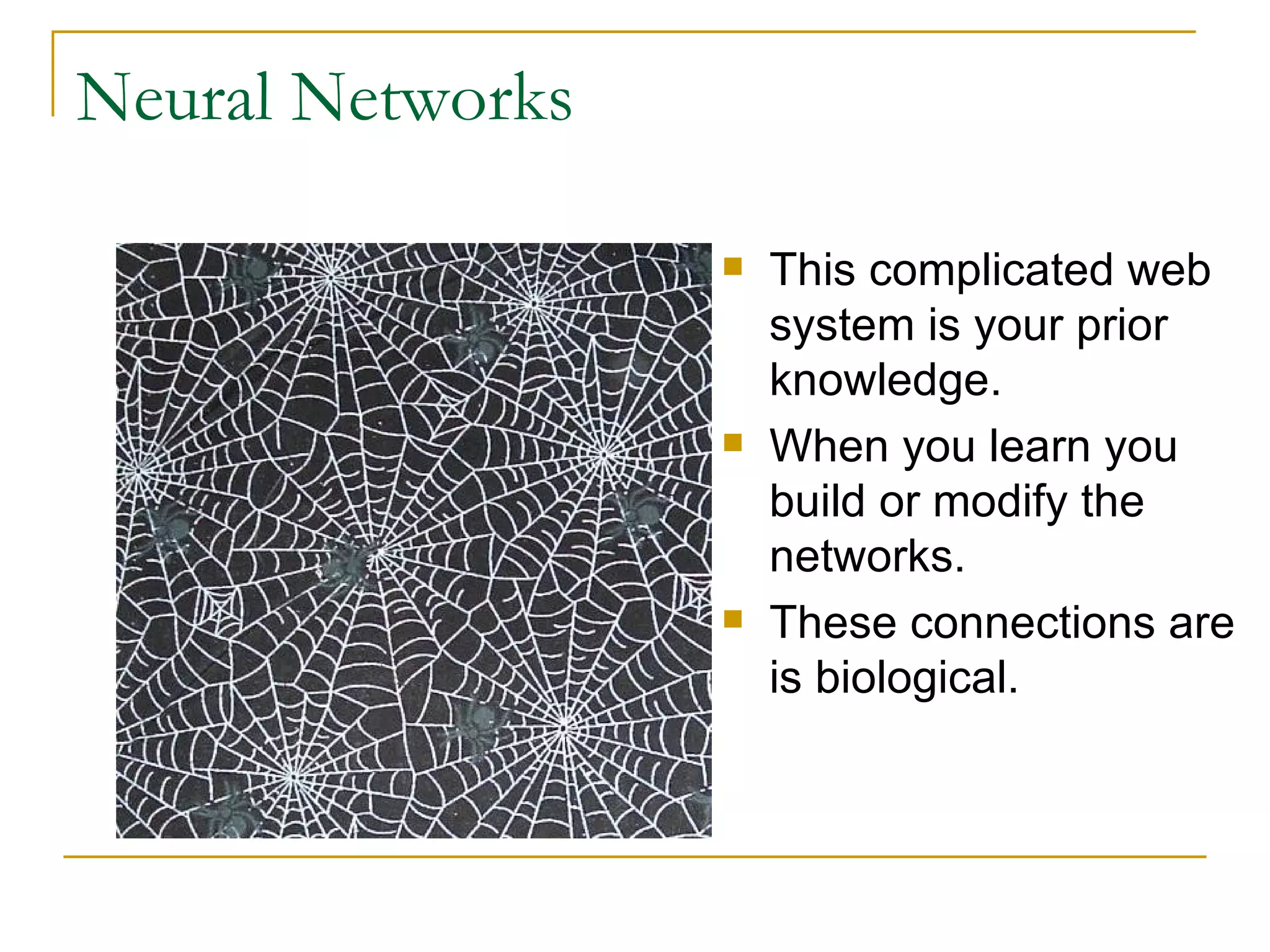 Neural Networks This complicated web system is your prior knowledge. When you learn you build or modify the networks. These connections are is biological. 
